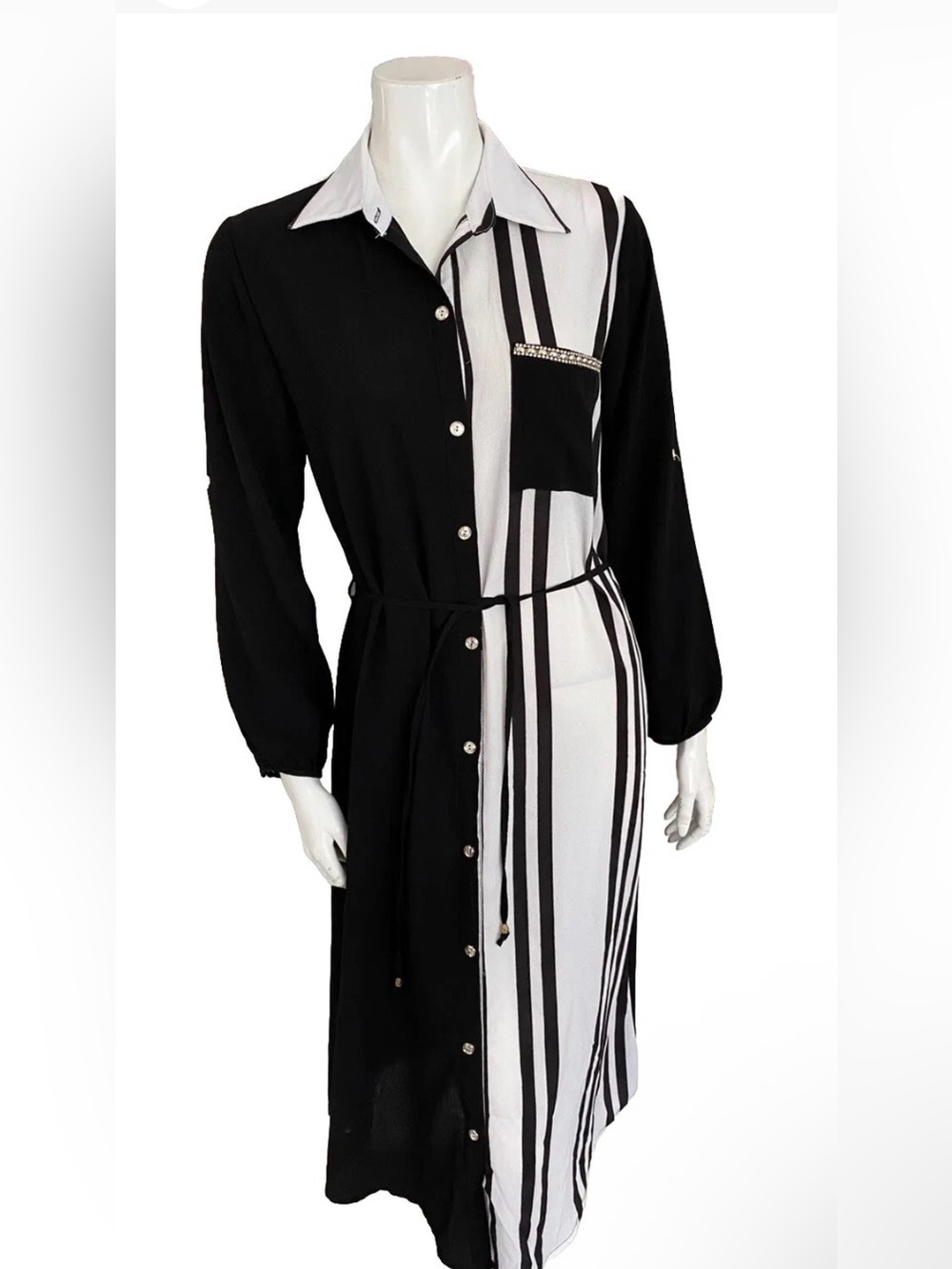 Be.You.Tiful Striped Black White Rhinestone Midi Shirt Dress Be You Tiful Small